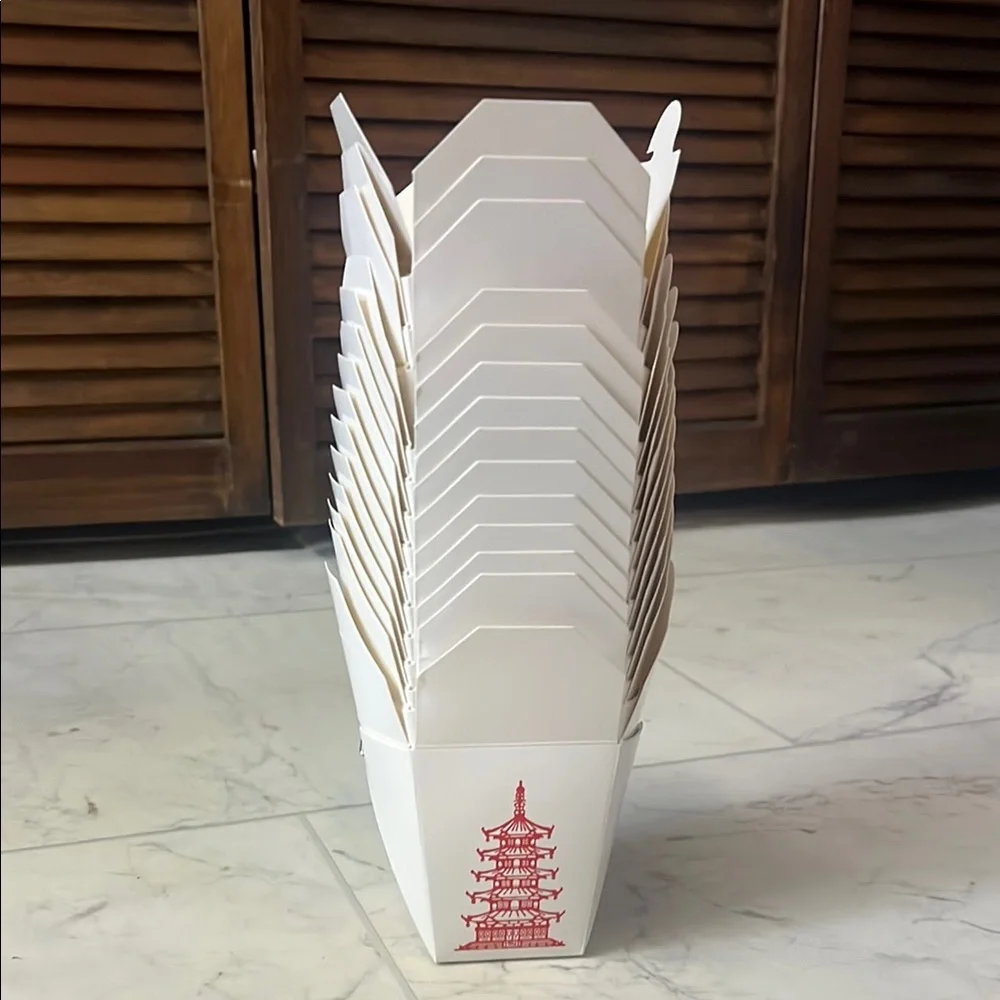 White Takeout Boxes with Red Pagoda Design